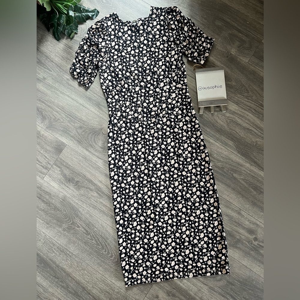 Free People Rosie Stretch Knit Floral Puff Sleeve Cutout Midi Dress. Size M - Picture 5 of 15